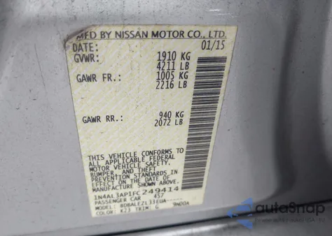 2015 Nissan Altima 2.5/2.5 S/2.5 Sl/2.5 Sv из США, поврежденный, VIN 1N4AL3AP1FC249414